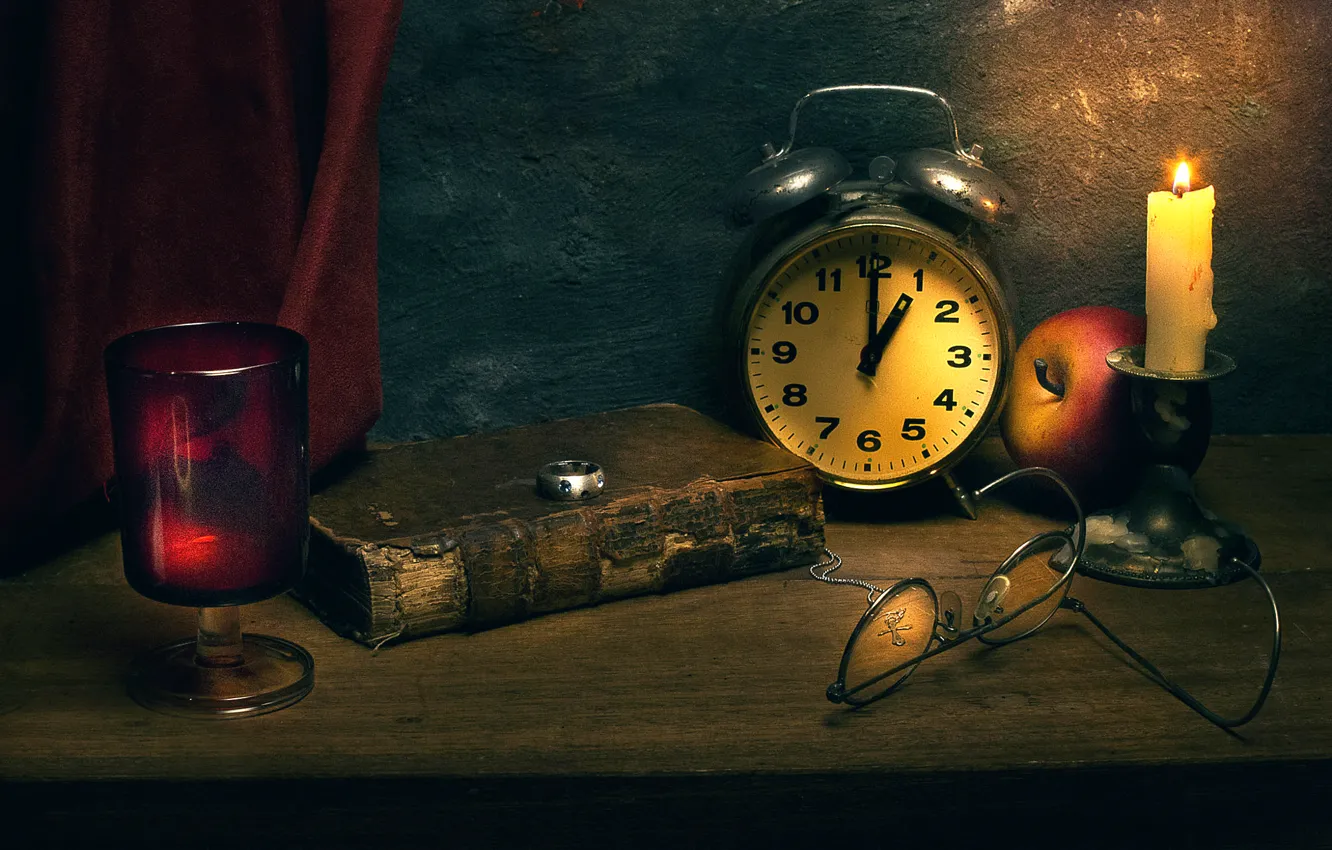 Фото обои часы, свеча, кольцо, книга, Time immortal
