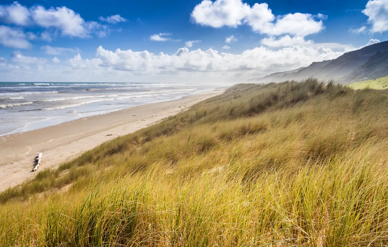 Фото обои море, небо, трава, облака, горы, склон