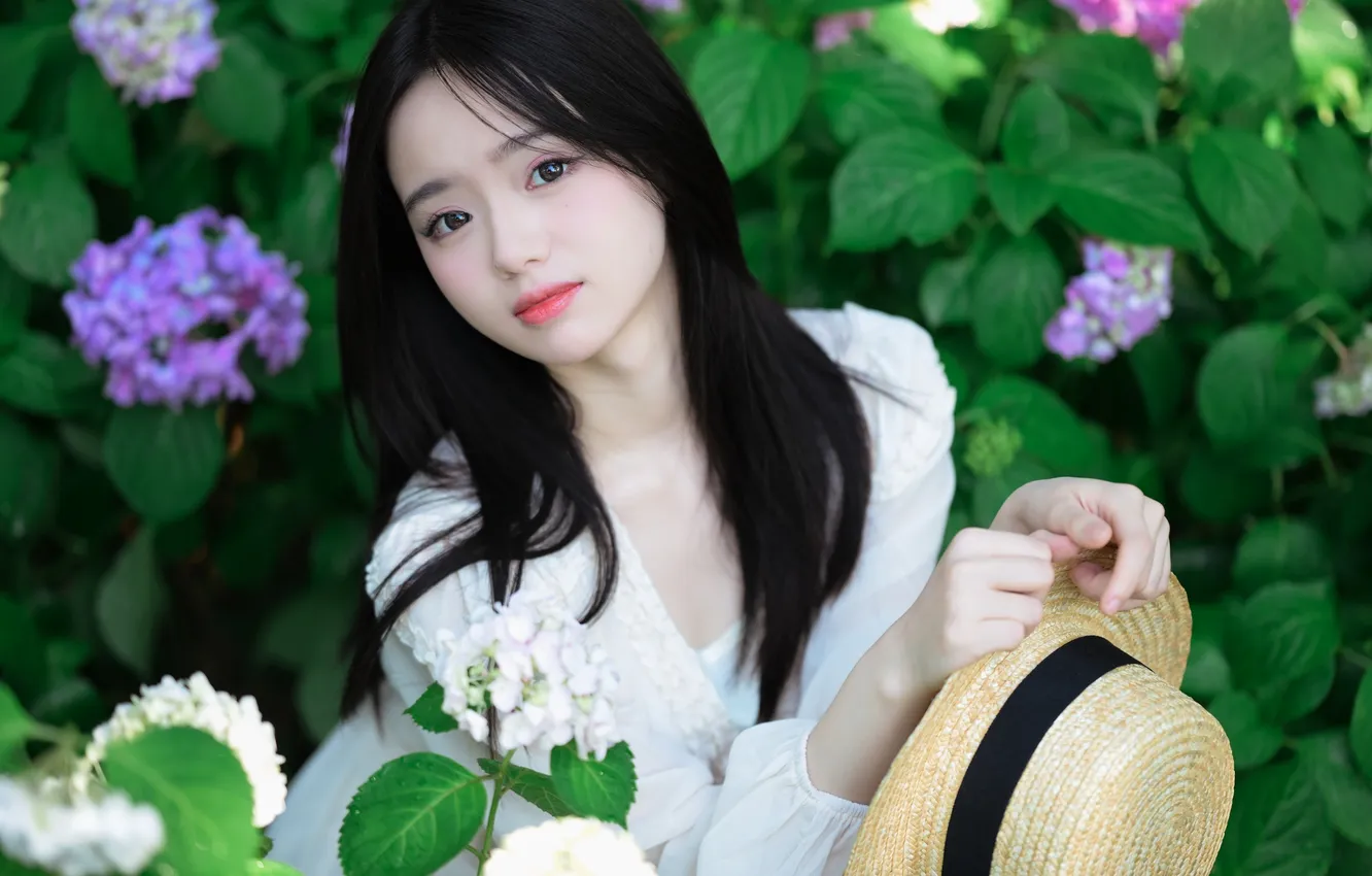 Фото обои Beautiful, Asian, Model, Flowers, Smile, Woman, Hat, Cute