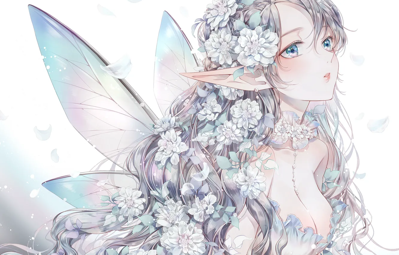 Фото обои девушка, цветы, эльфийка