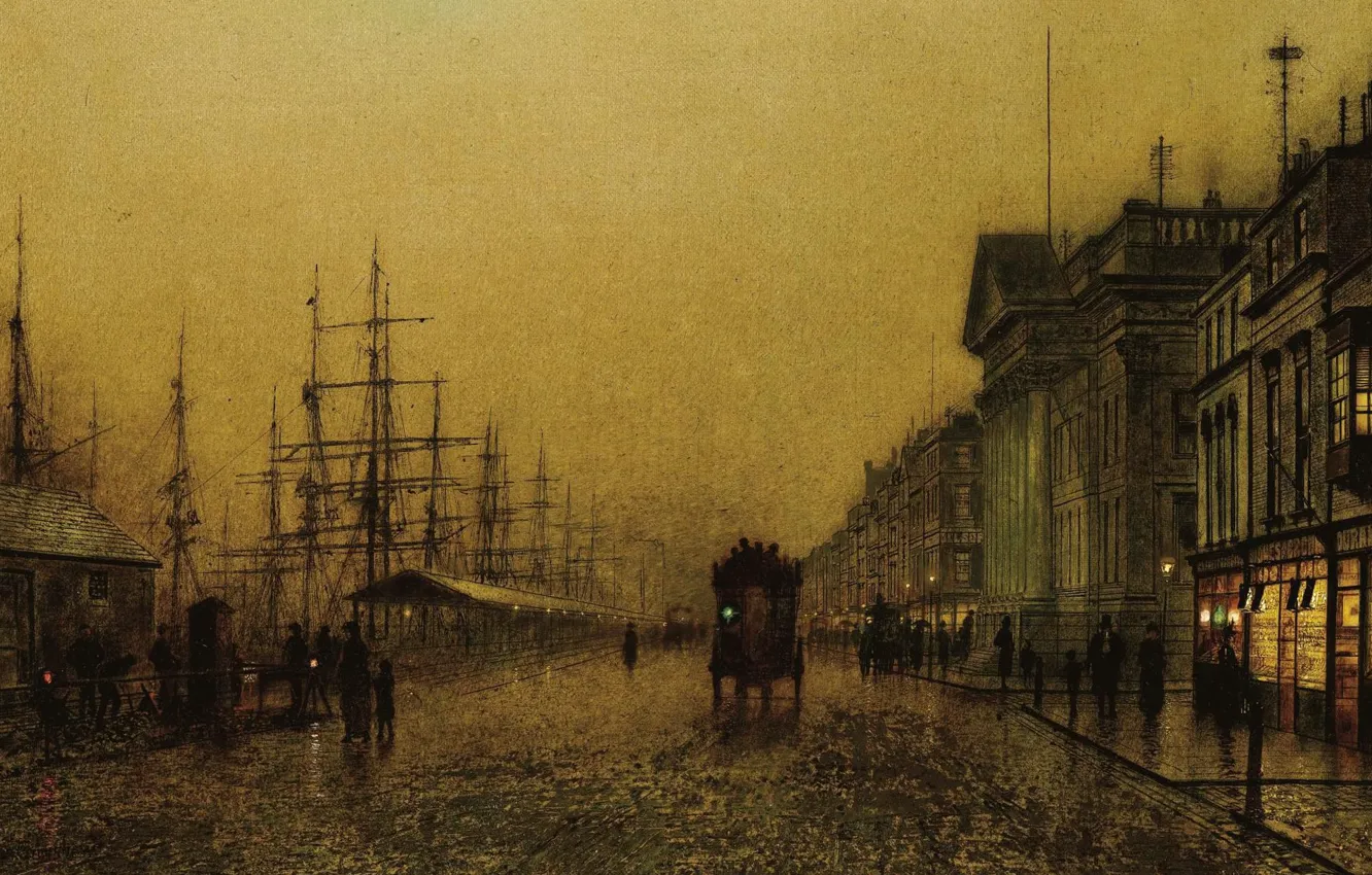 Фото обои корабль, дома, картина, набережная, городской пейзаж, Джон Эткинсон Гримшоу, John Atkinson Grimshaw, Salthouse Docks. Liverpool