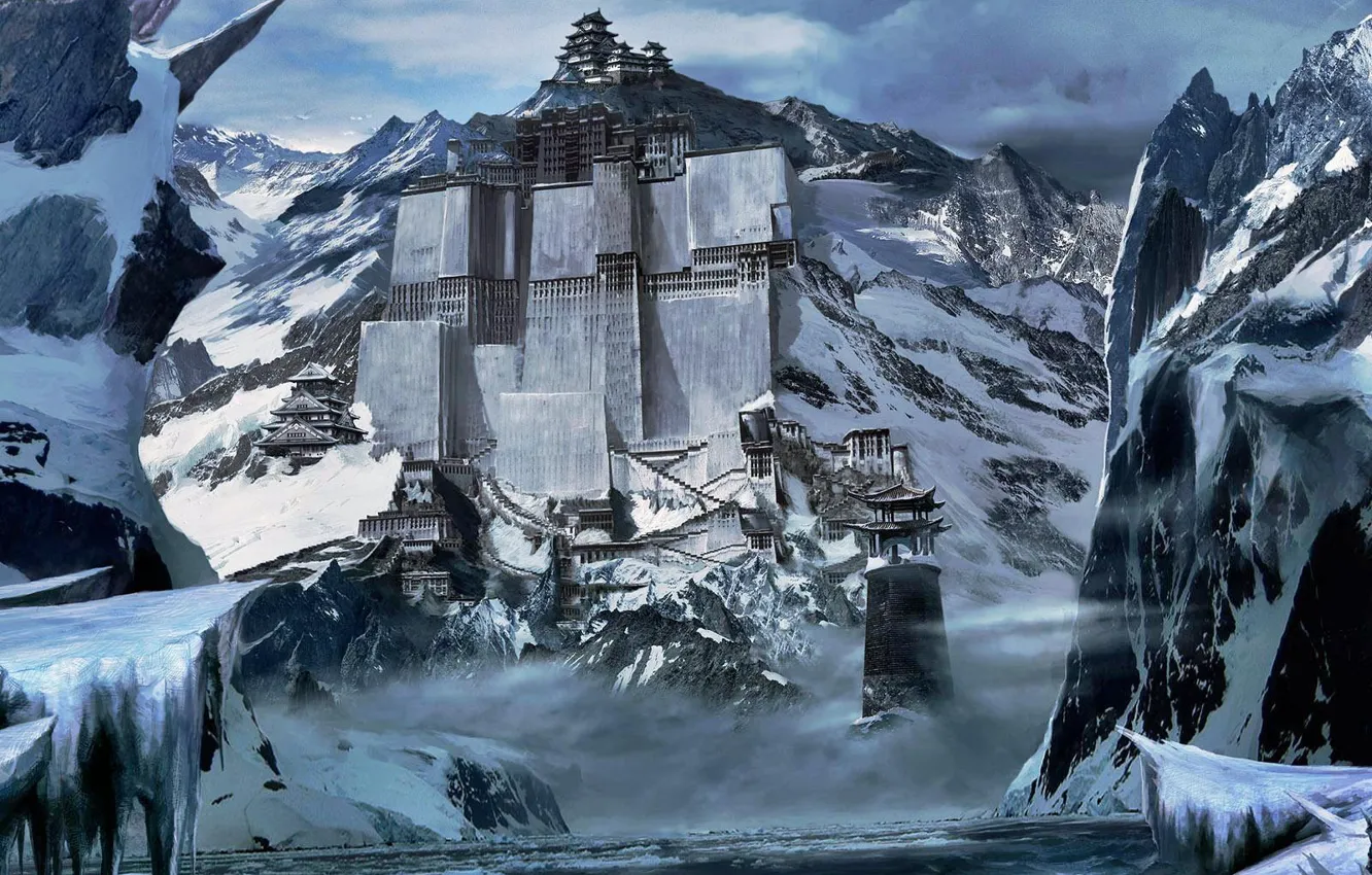 Фото обои снег, горы, китай, строения