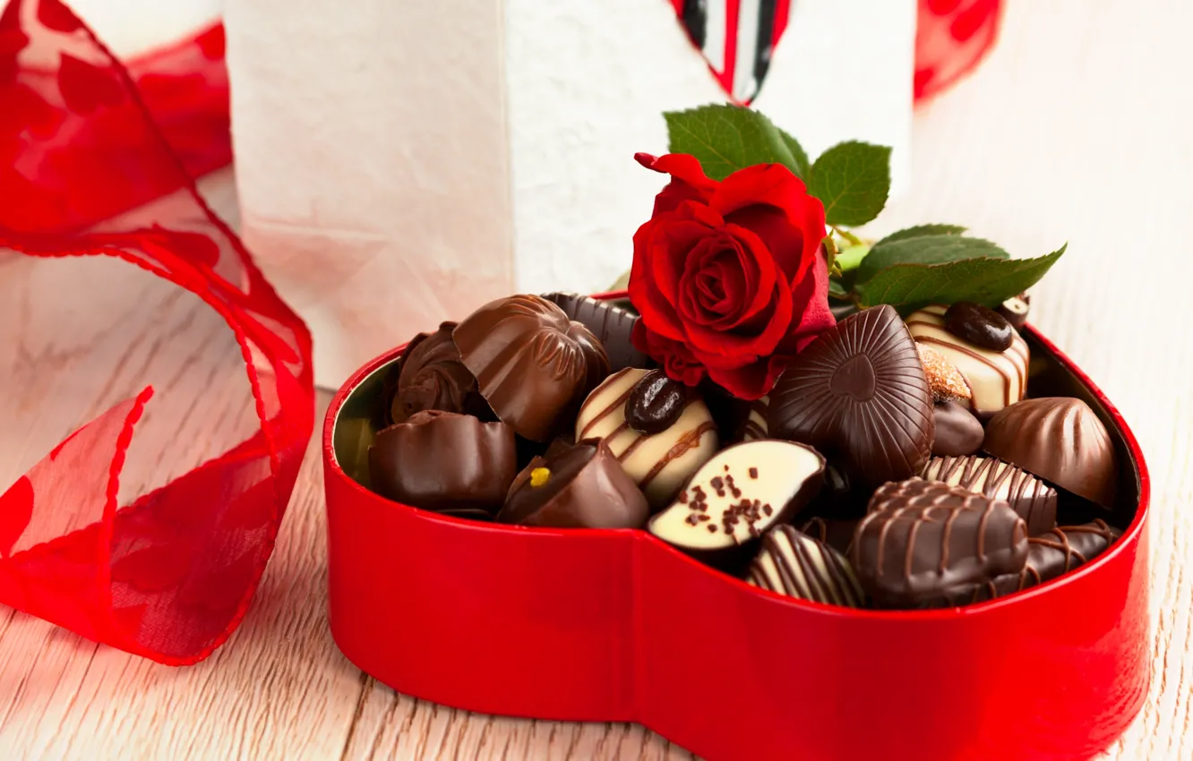 Фото обои коробка, подарок, роза, еда, шоколад, конфеты, красная, десерт