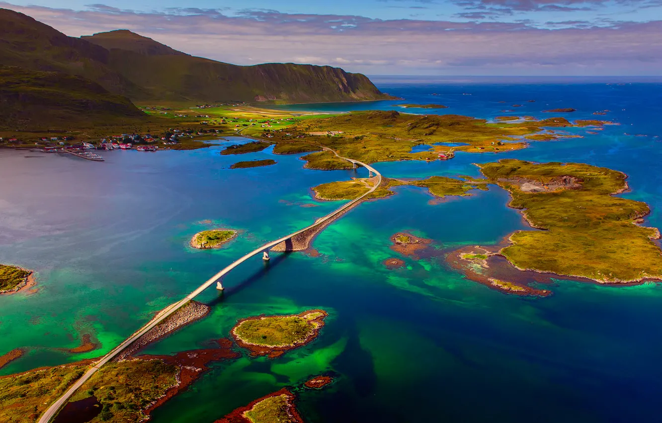 Фото обои мост, Норвегия, архипелаг, Лофотенские острова, Норвежское море