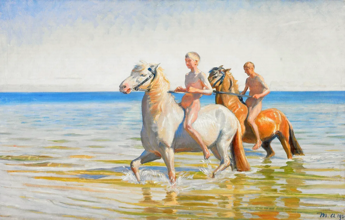 Фото обои море, небо, лошадь, картина, мальчик, купание, Michael Ancher