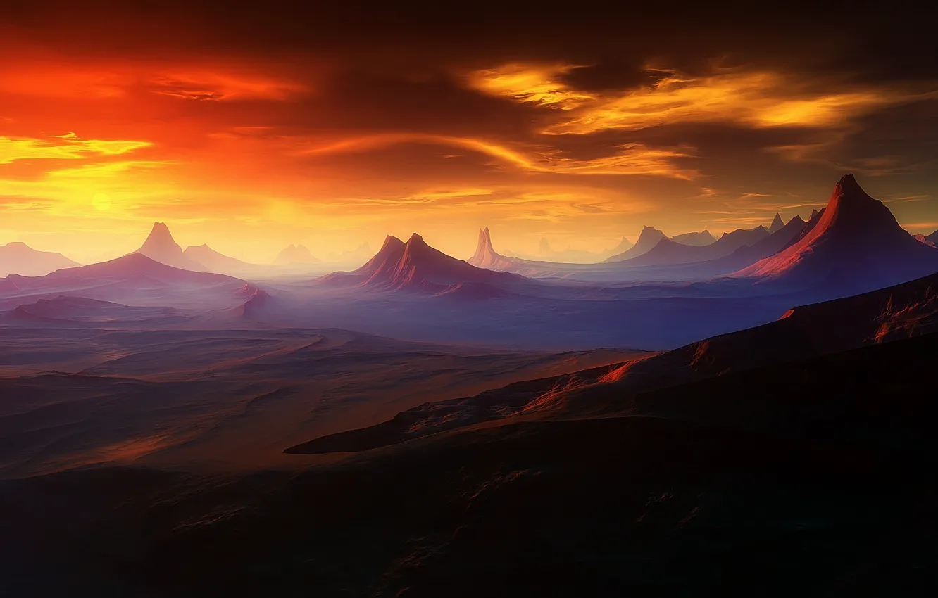 Фото обои закат, горы, планета, Outcast Horizon