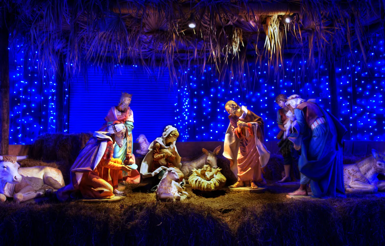 Фото обои Рождество, младенец, волхвы, ясли, три короля, вертеп