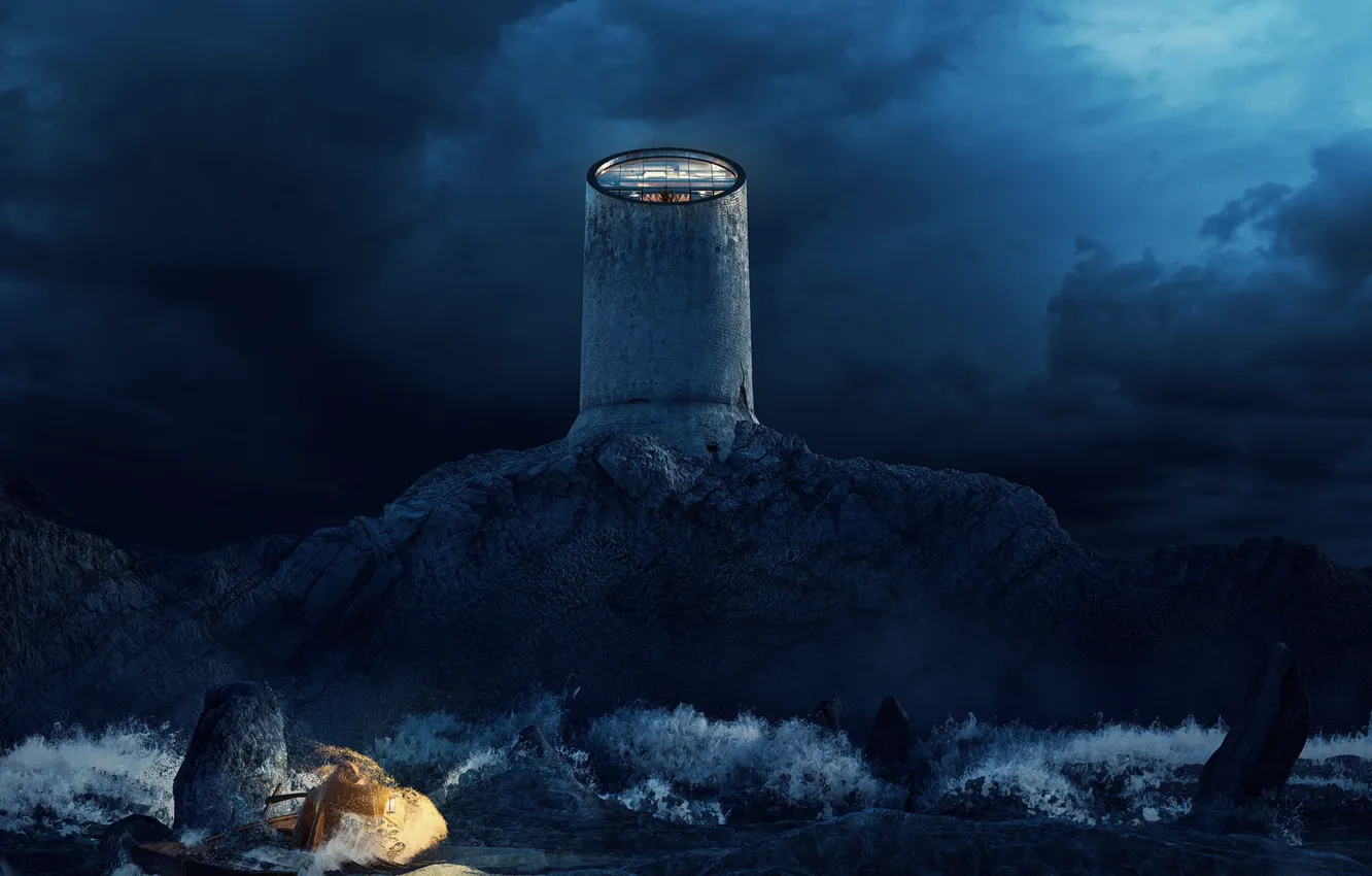 Фото обои ночь, тучи, скала, сооружение, The three colors of the Lighthouse - BLUE