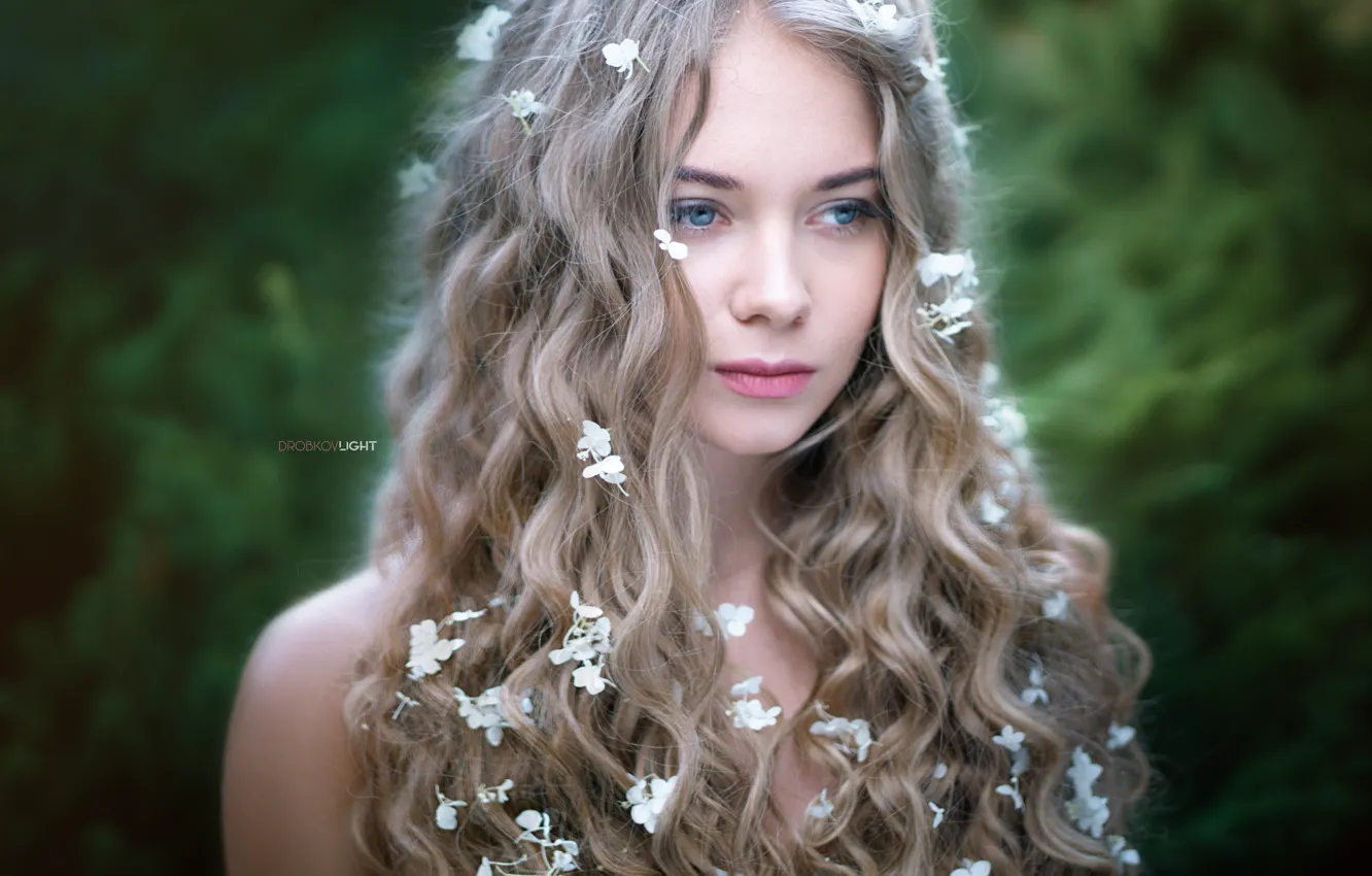 Фото обои девушка, лицо, портрет, длинные волосы, цветки, локоны, Alexander Drobkov-Light, Лилия Беспалая