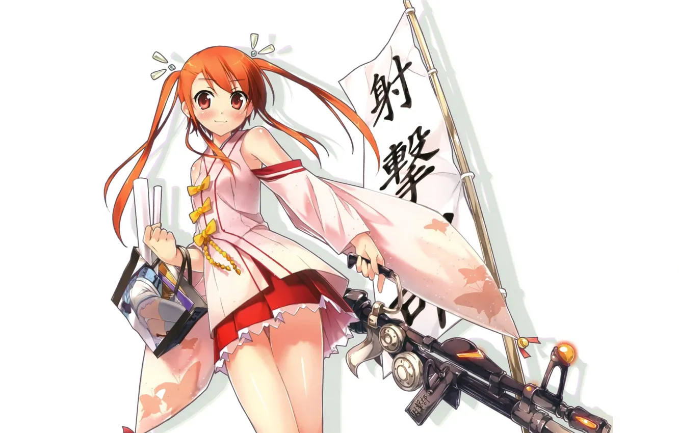 Фото обои флаг, иероглифы, белый фон, сумочка, мини-юбка, два хвостика, супер-оружие, Kurumi