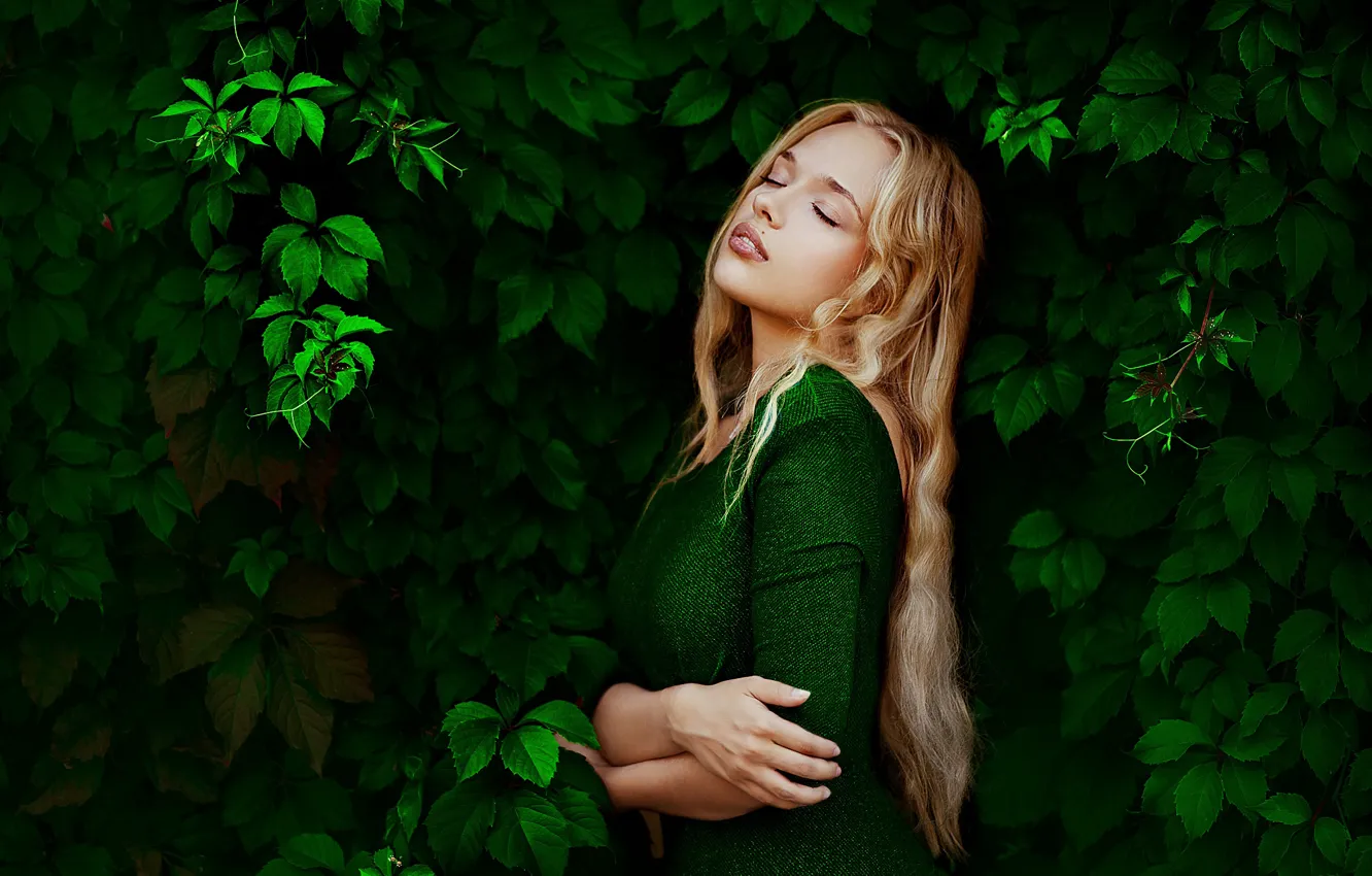 Фото обои листья, портрет, Елена, в зелёном, natural light