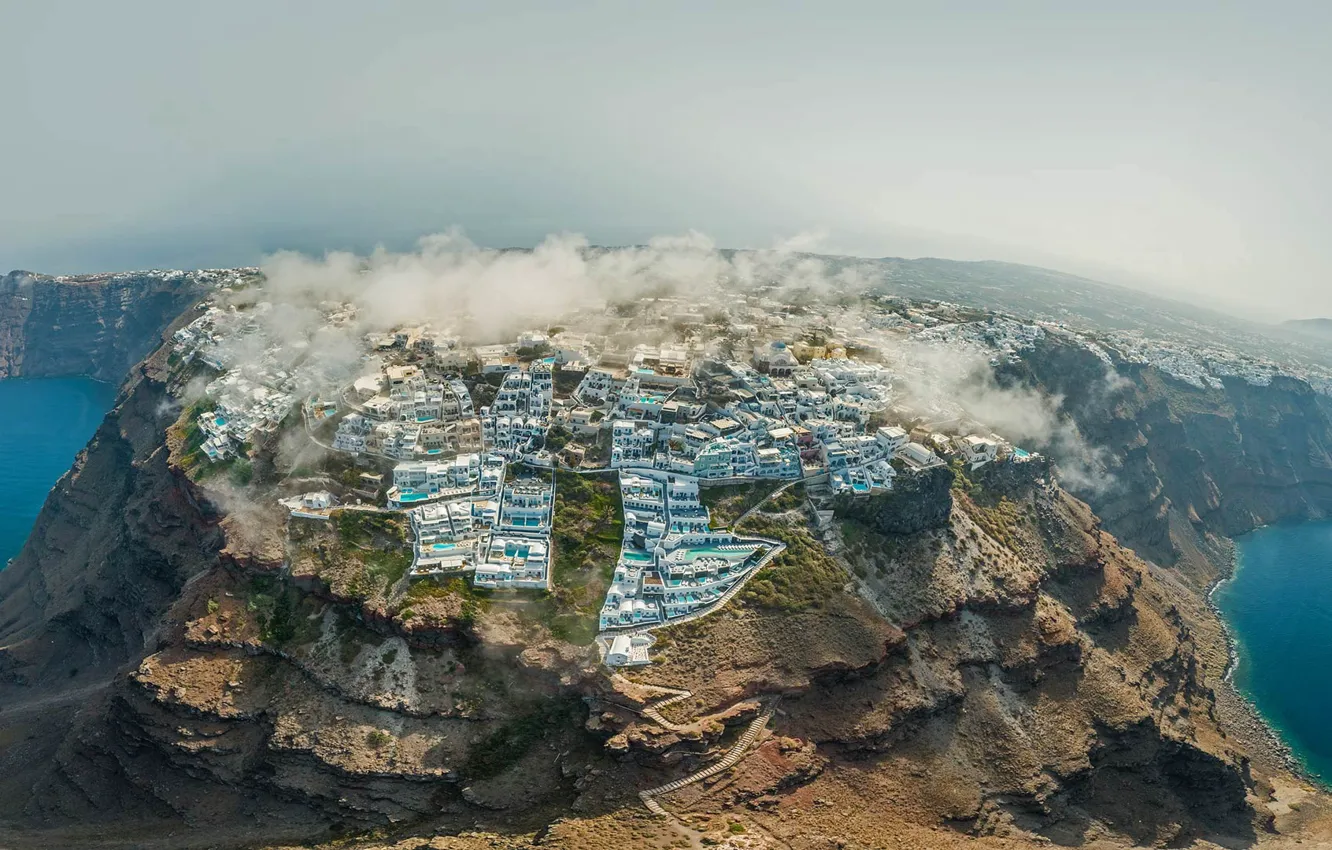 Фото обои облака, вилла, бассейн, Греция, панорама, остров Санторини