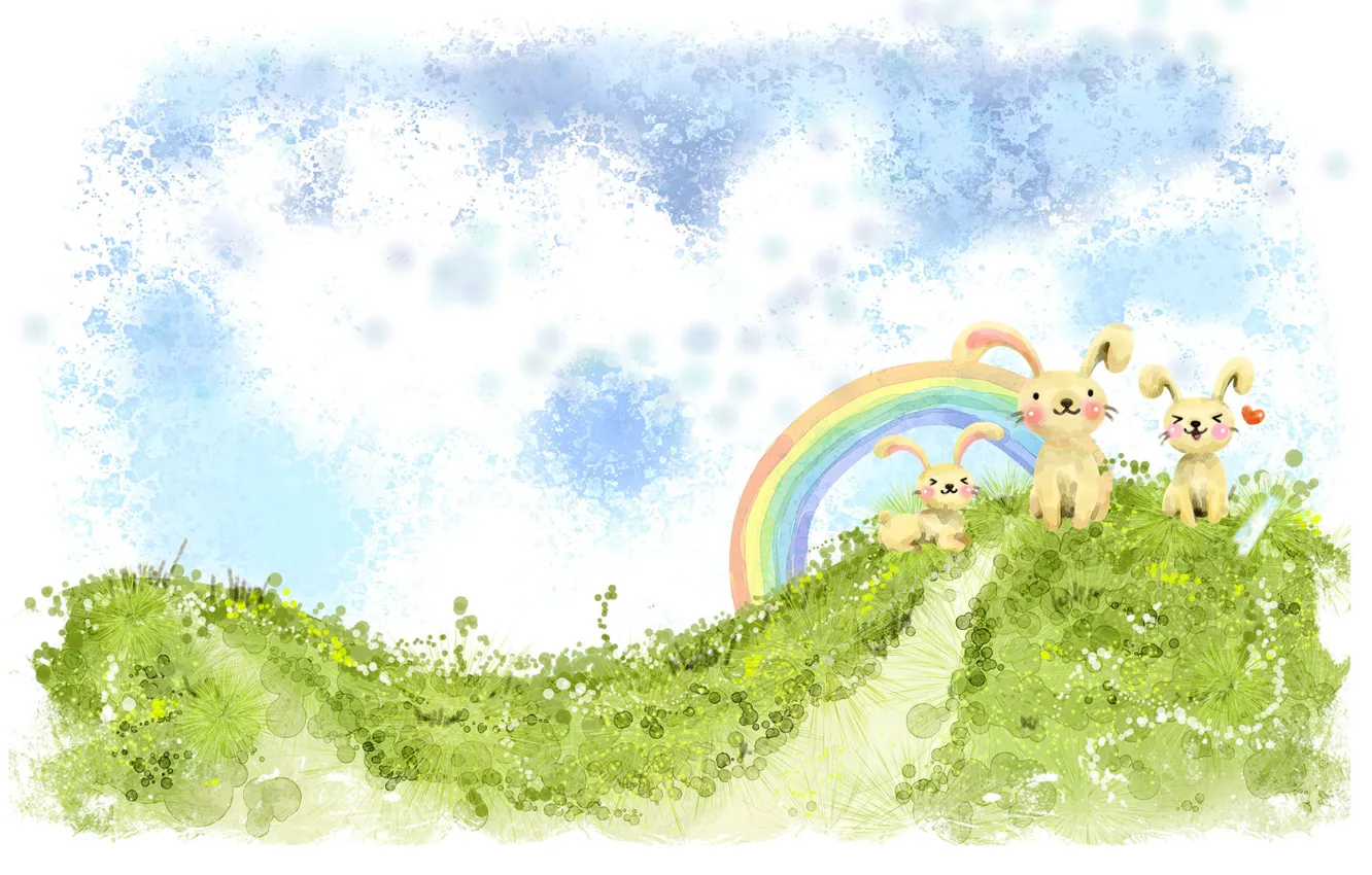Фото обои зелень, облака, рисунок, радуга, холм, зайцы, кавай, сердечко