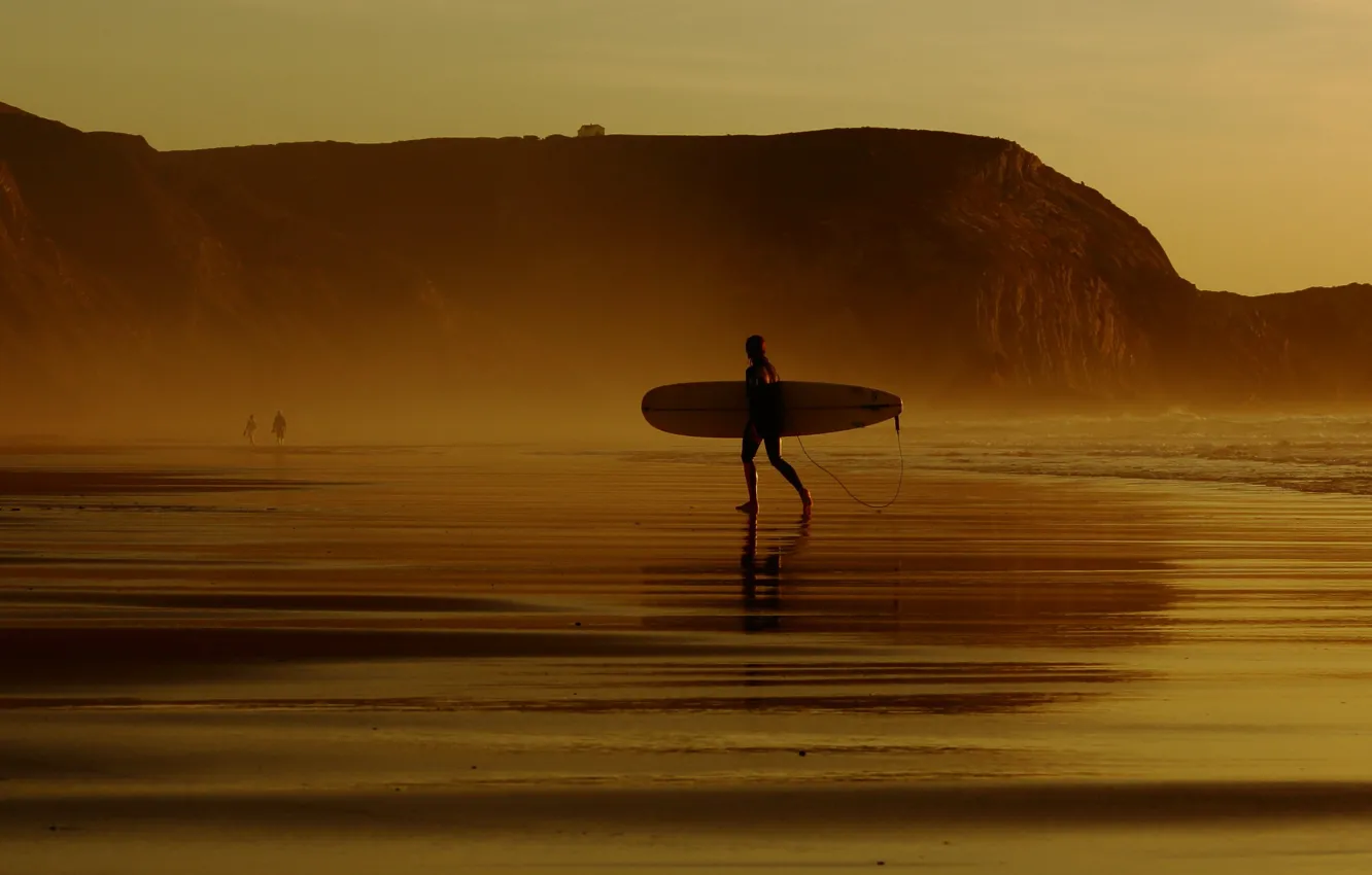 Фото обои waves, beach, sunset, surfer, longboard, extreme sport