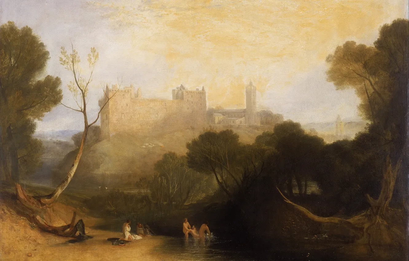 Фото обои деревья, пейзаж, река, замок, гора, картина, Шотландия, Уильям Тёрнер