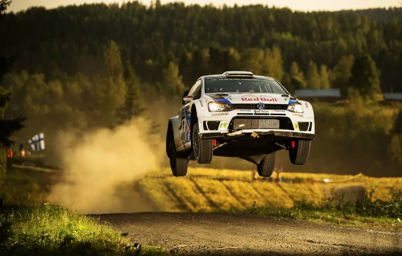 Фото обои Пыль, Volkswagen, Прыжок, WRC, Rally, Ралли, Finland, Polo