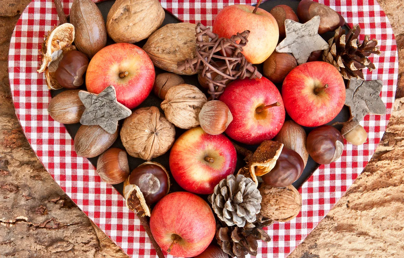 Фото обои осень, яблоки, красные, фрукты, орехи, шишки, желуди, каштаны