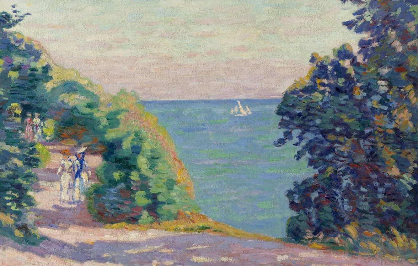 Фото обои море, пейзаж, лодка, картина, парус, прогулка, Арман Гийомен, Armand Guillaumin