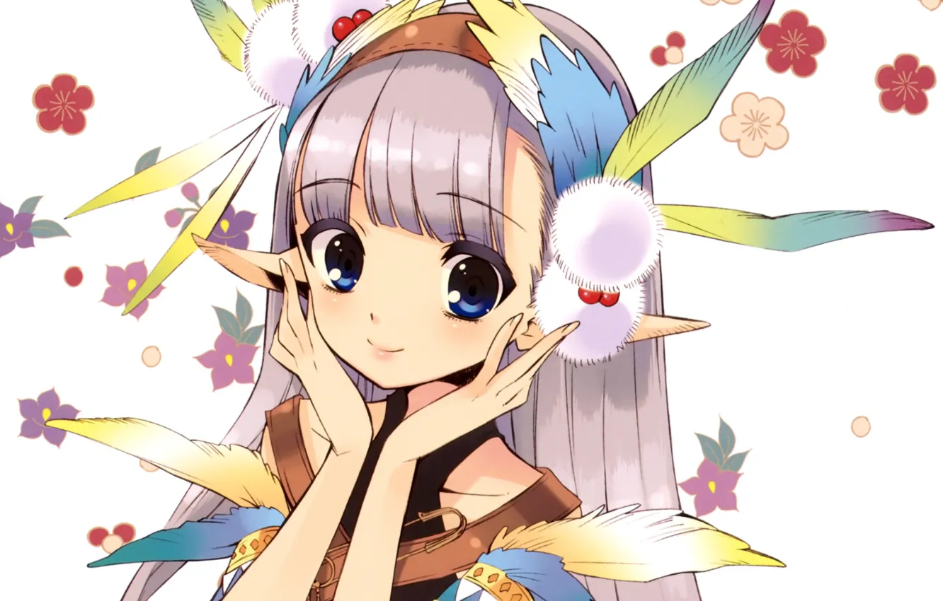 Фото обои улыбка, перья, девочка, art, булавка, бомбошки, noizi ito