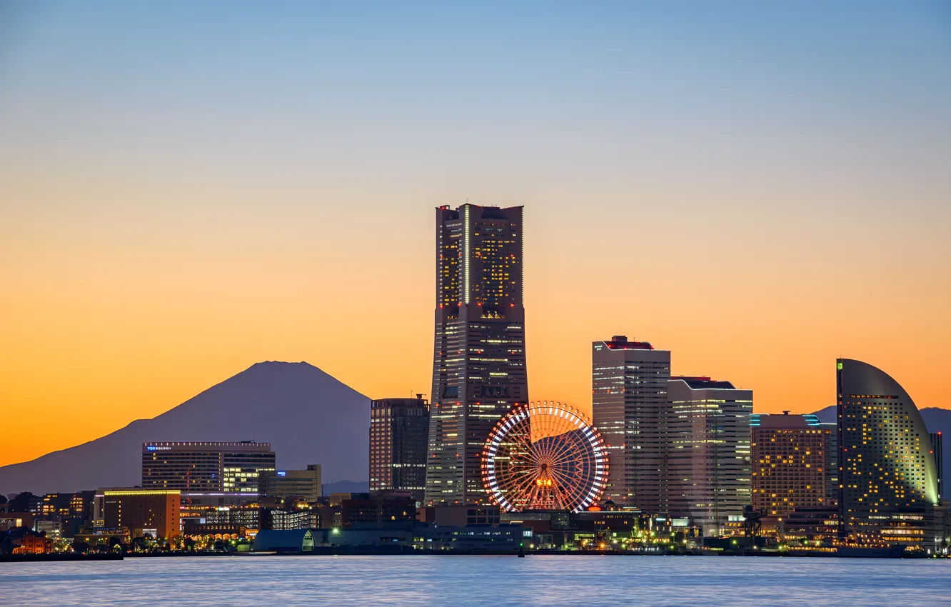 Фото обои залив, колесо обозрения, bay, Yokohama, Fuji, ferris wheel