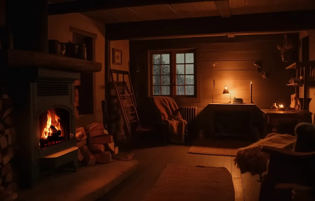 Фото обои lights, rain, sofa, fireplace