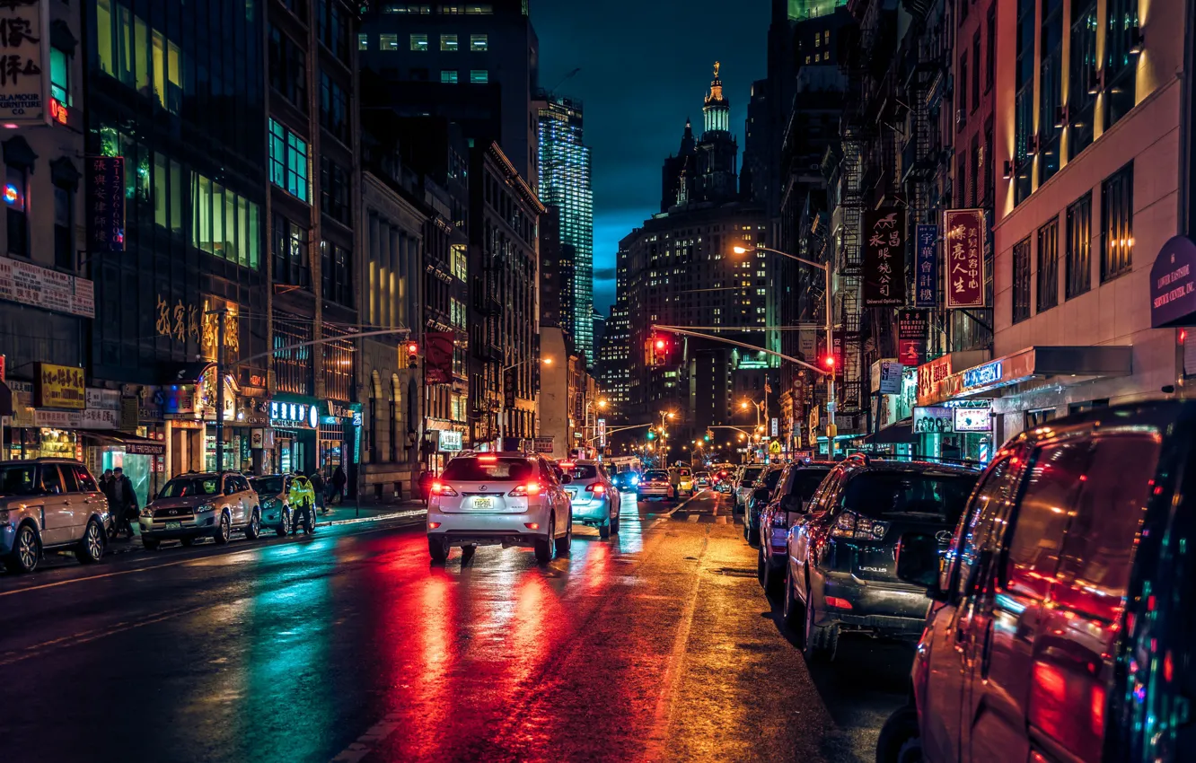 Фото обои ночь, огни, улица, Нью-Йорк, Манхеттен, New-York, Manhatten, чайнатаун