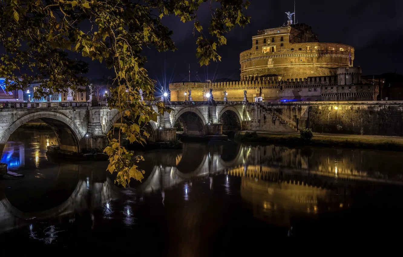 Фото обои ночь, огни, река, Рим, Италия, Тибр, мост Святого Ангела, замок Святого Ангела