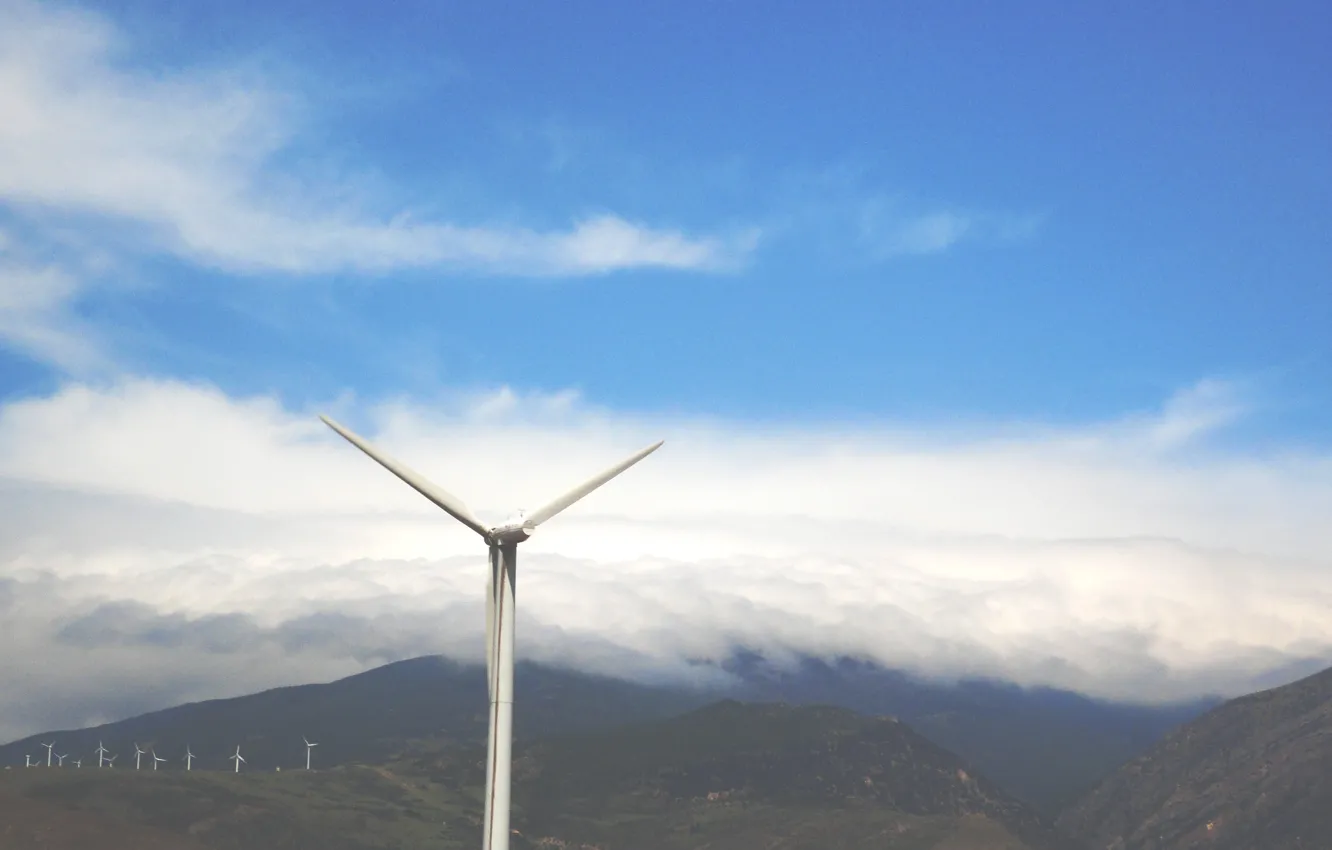 Фото обои Sky, Mountain, Cloud, Wind Turbine