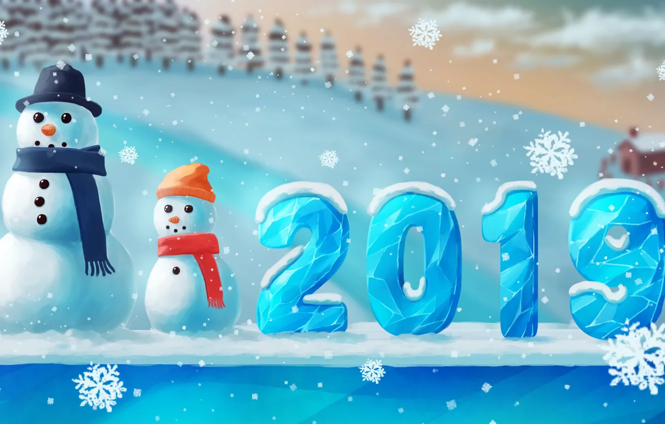 Фото обои цифры, снеговики, снеговик, ice, house, new year, hat, winter