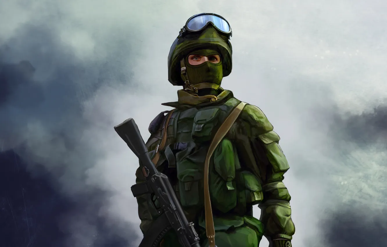 Фото обои soldier, weapon, helmet, military uniform