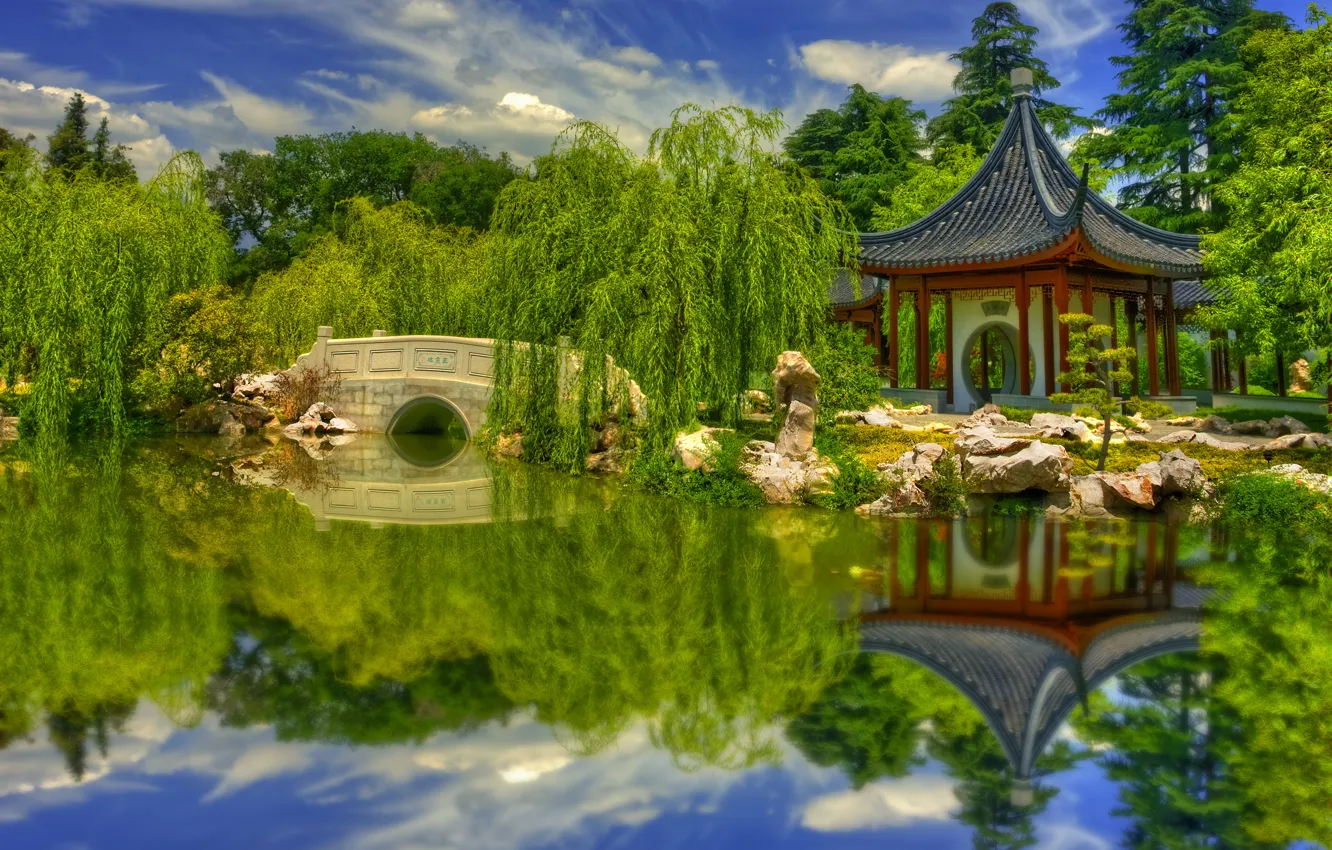 Фото обои деревья, пейзаж, пруд, парк, отражение, камни, пагода, США