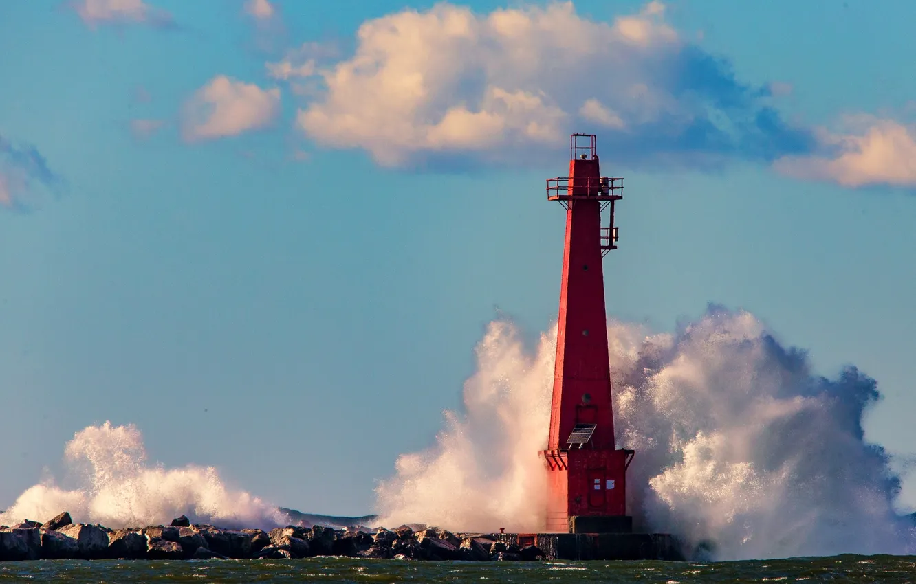 Фото обои волны, брызги, шторм, маяк, Мичиган, США, Бичвуд-Блаффтон, Маскегон