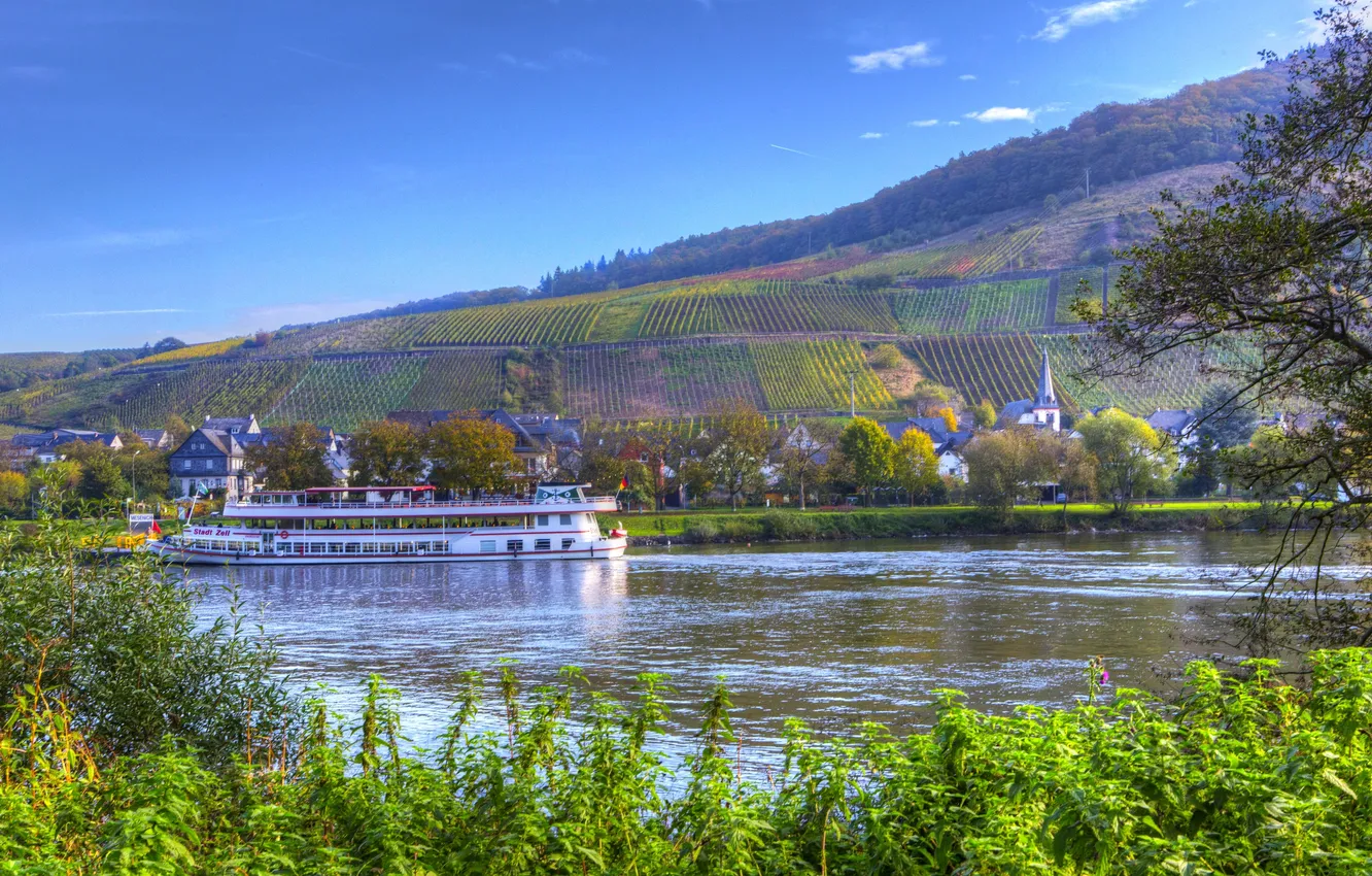 Фото обои река, поля, Германия, городок, теплоход, Senheim