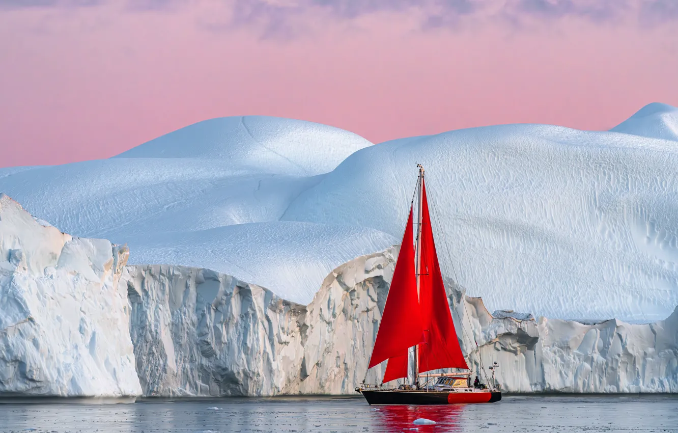 Фото обои лёд, яхта, айсберг, алые паруса, Гренландия, Greenland, Disko Bay, Залив Диско