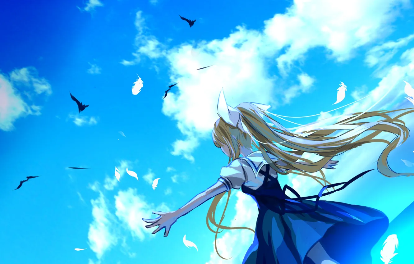 Фото обои облака, радость, птицы, перья, длинные волосы, Air, сарафан, голубое небо