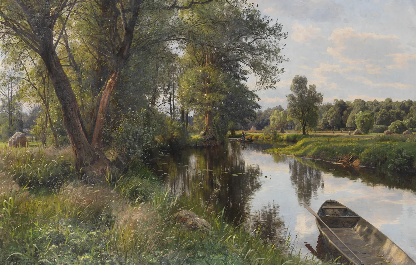 Фото обои природа, река, лодка, картина, Петер Мёрк Мёнстед, Peder Mørk Mønsted, Летний Пейзаж