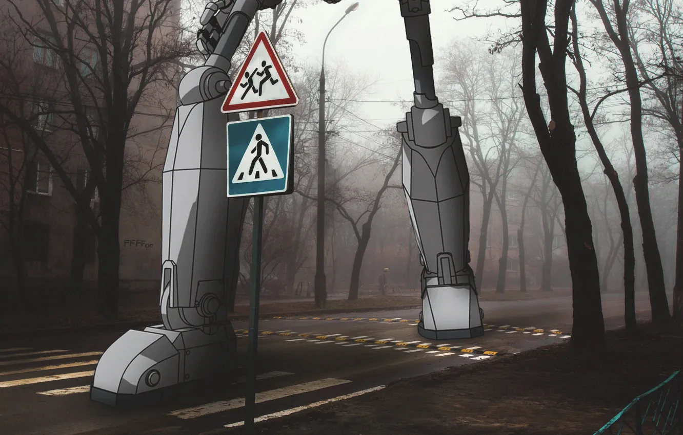 Фото обои дорога, мультик, робот, изстали, ffff00, стальнойгигант