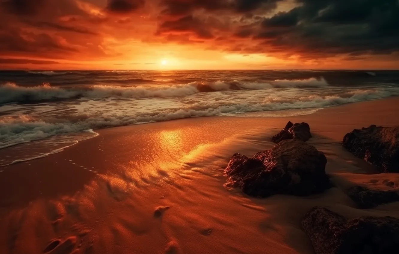 Фото обои море, пляж, закат, рисунок, golden, beach, sky, digital