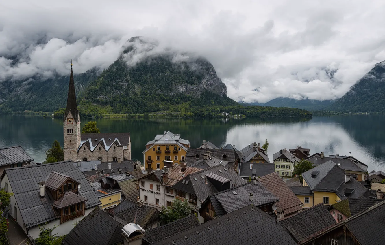 Фото обои лес, облака, горы, озеро, берег, дома, Австрия, Hallstatt