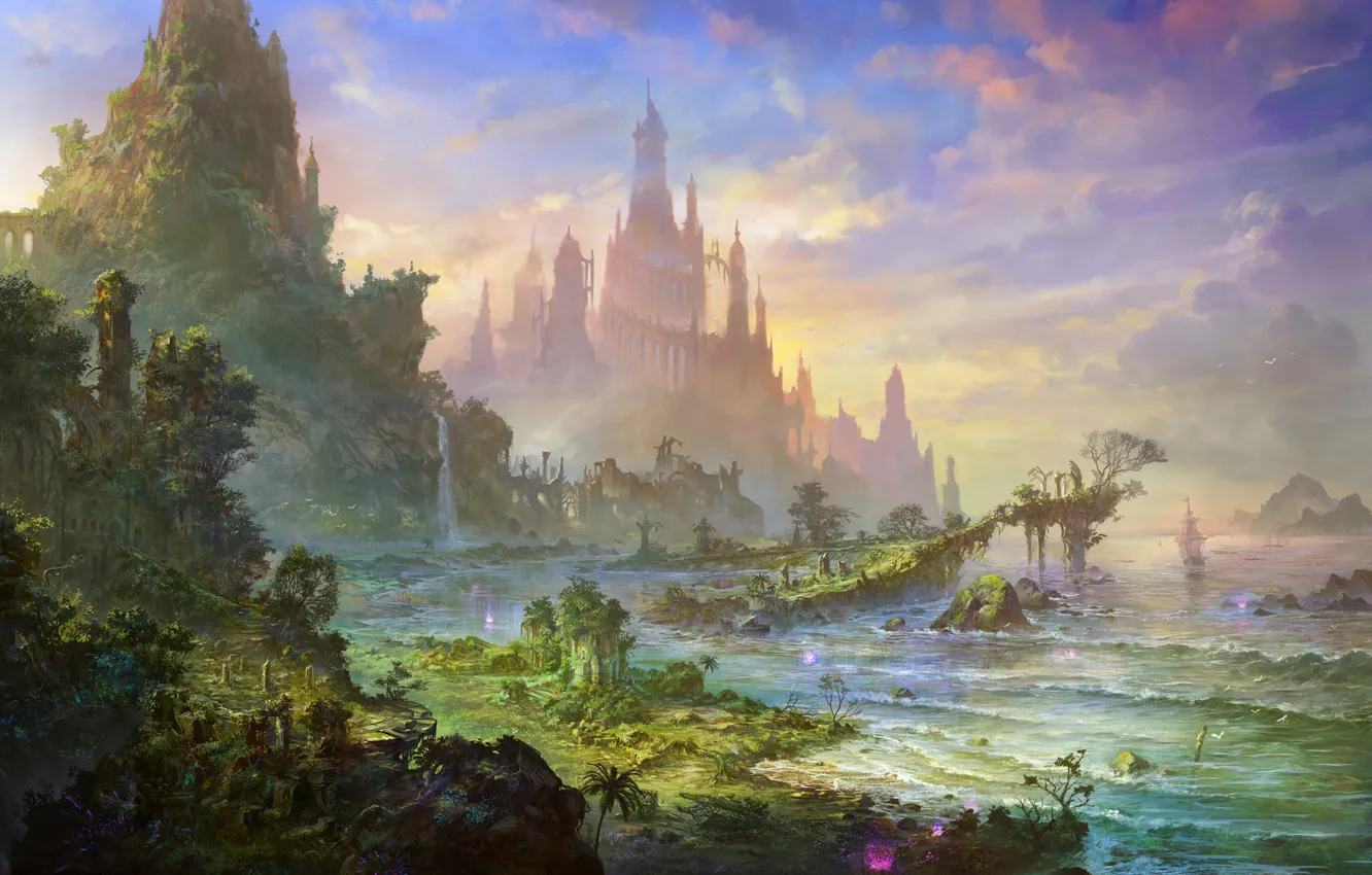 Фото обои море, облака, свет, горы, растительность, корабли, Замок, руины