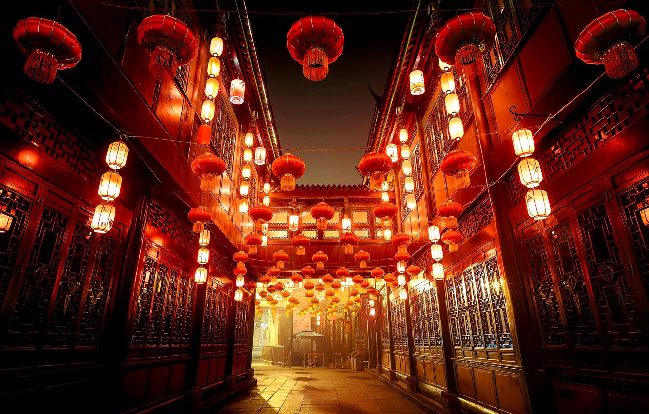 Фото обои огни, улица, дома, фонари, Китай, Чэнду, Сычуань, Jinli Old Street