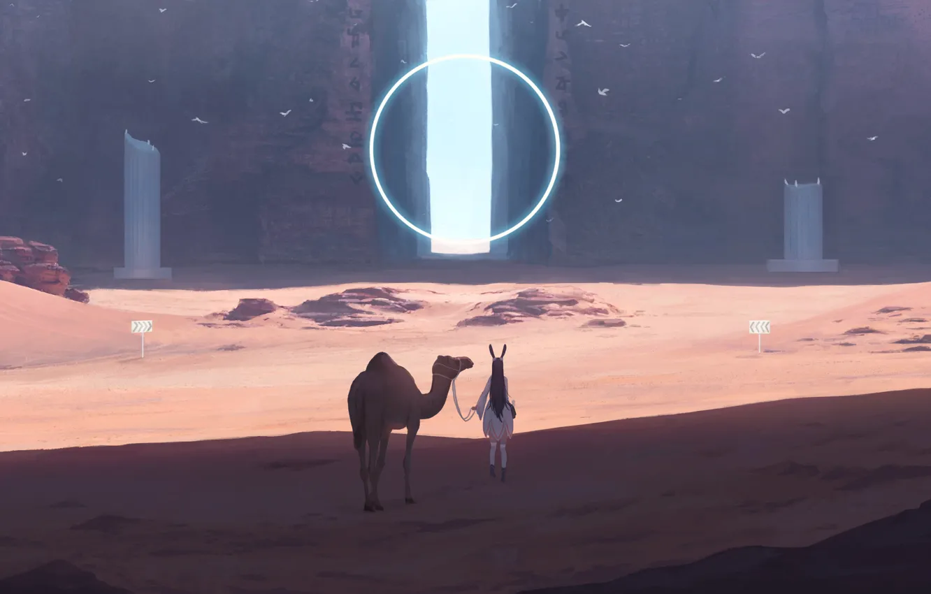 Фото обои девушка, пустыня, верблюд, ушки