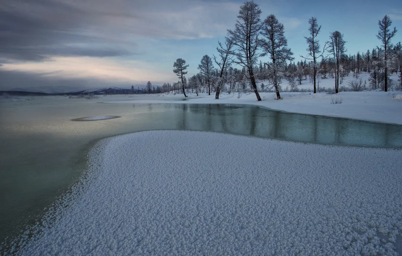 Фото обои зима, снег, деревья, река, лёд, Россия, Республика Саха, Якутия