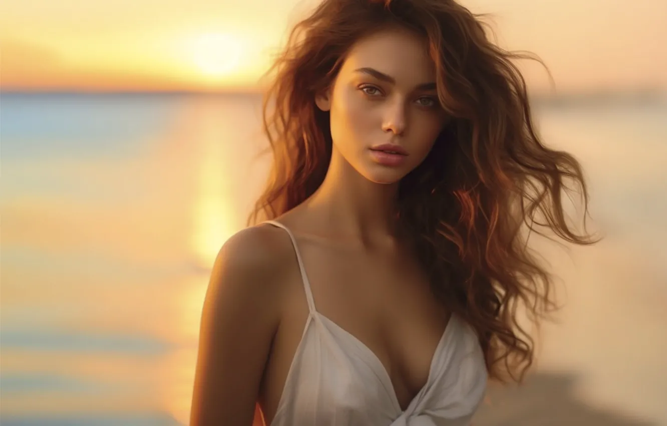 Фото обои море, пляж, грудь, взгляд, девушка, солнце, свет, закат