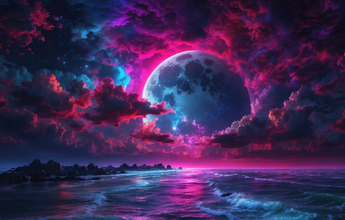 Фото обои океан, берег, планета, свечение, неон, горизонт, ocean, glow