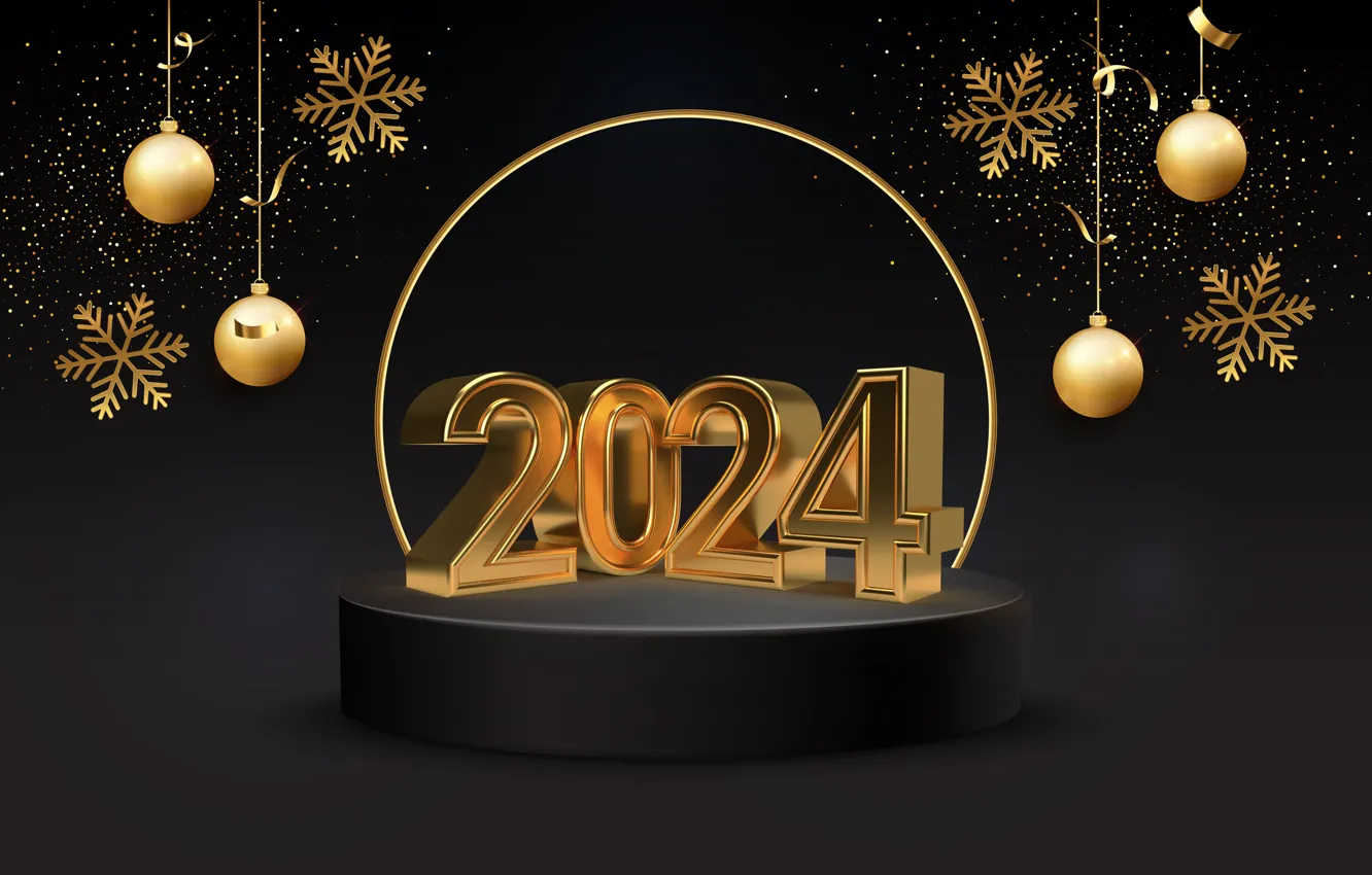 Фото обои золото, шары, Новый Год, цифры, golden, happy, balls, New Year