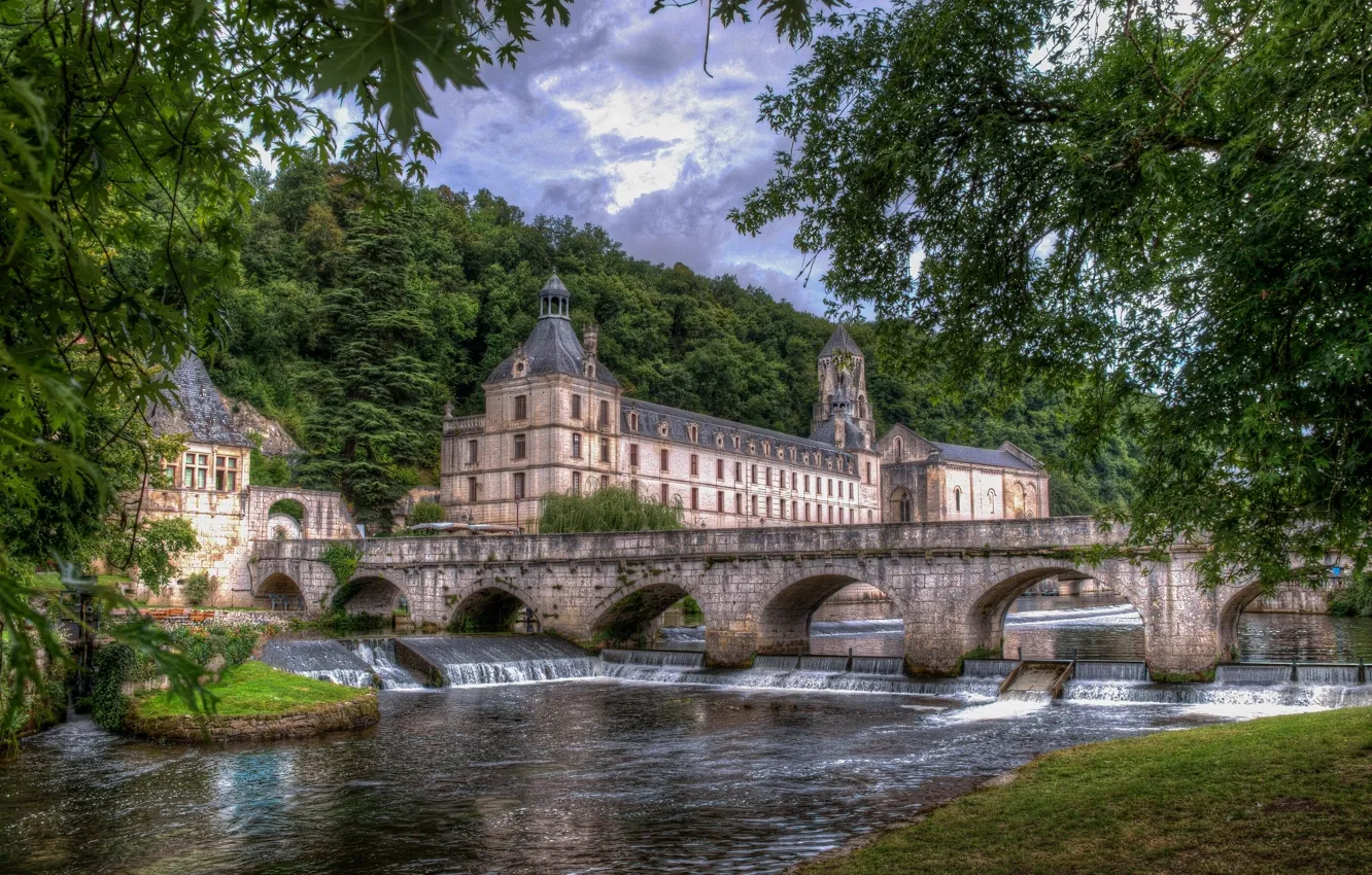 Фото обои мост, река, Франция, France, аббатство, река Дордонь, Brantome, Dordogne