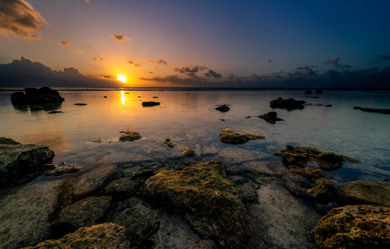 Фото обои Горизонт, Сумерки, Horizon, French Polynesia, Dusk, Французская Полинезия, Coast Reef, Хуахине