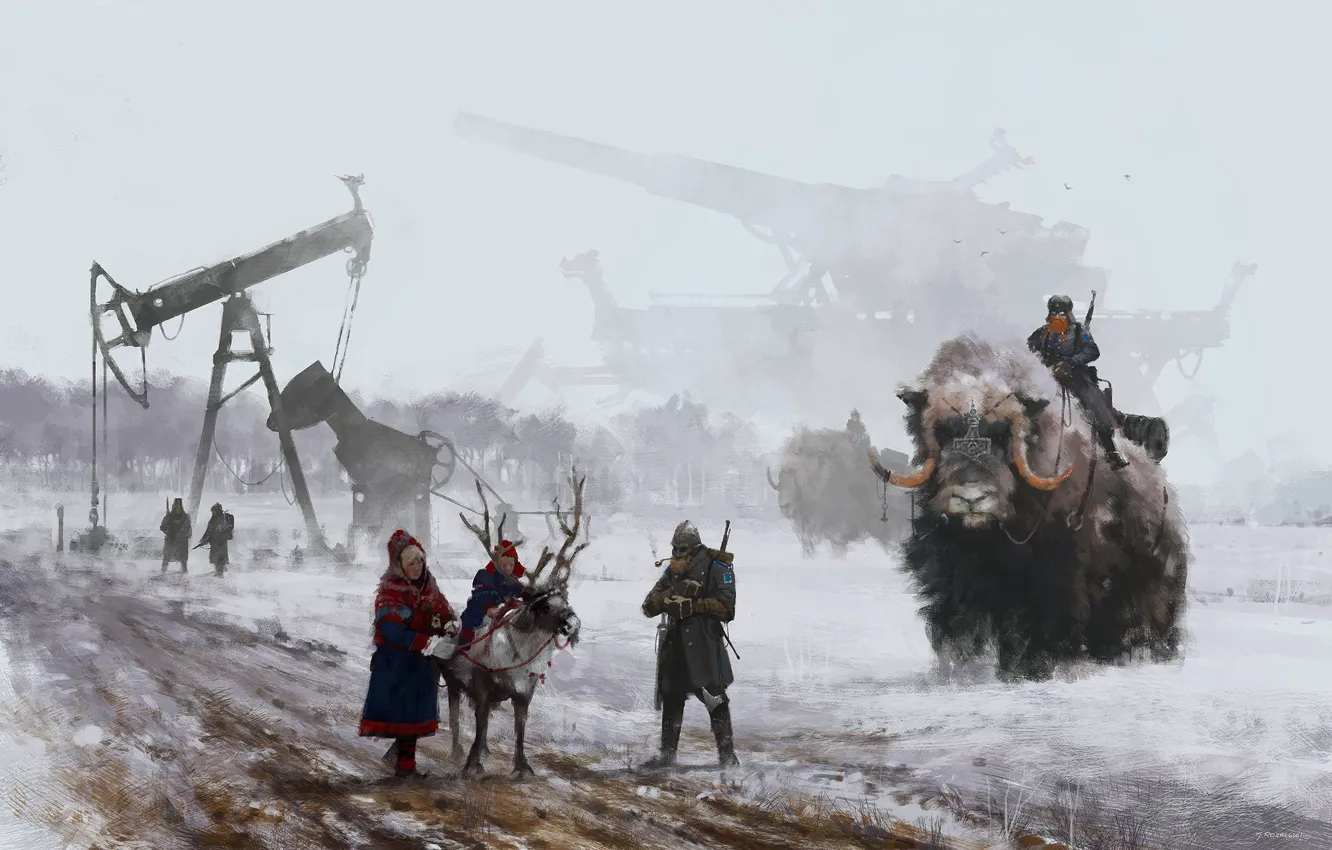 Фото обои game, soldier, machine, fog, man, reindeer, cannon, horn