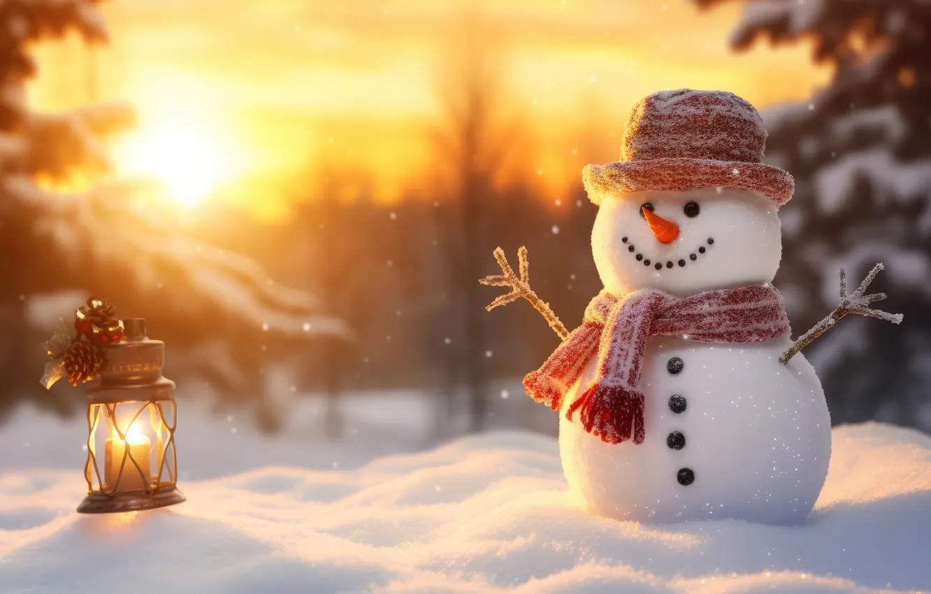 Фото обои зима, снег, Рождество, Новый год, снеговик, Christmas, winter, snow